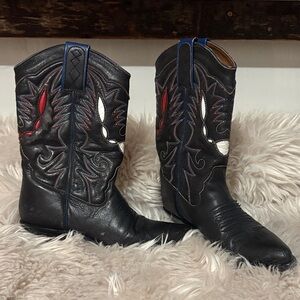 Black Leather Western Cowboy Boots with Red & White Accents